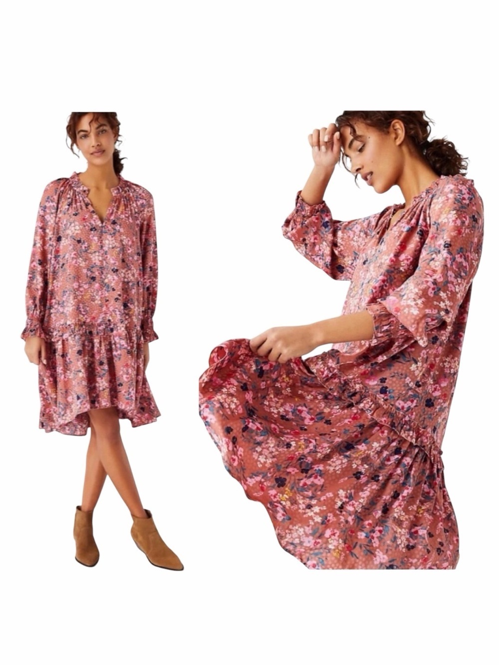 ANN TAYLOR Ditsy Floral Tiered Long Sleeve Oversized Flowy Dress. Size Small.